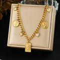 Gold stainless steel chain necklace with heart crystals and vintage coin pendants - N4138