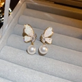 Elegant butterfly earrings with pearl drops and sparkling zircon in 18k gold plating. - 33# Silver Post - Butterfly Rhinestone Pearl Pendant / Pink