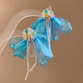 Close-up of blue fabric petal earrings with crystal accents and long bead tassels. - Blue White (37# Silver Post-White-Blue)