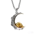 Gothic silver crescent moon pendant with a small golden skull and braided steel chain - Two-tone Moon Skull Pendant (With Chain)