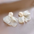 Macro detail of elegant cream flower earrings with translucent layered fabric petals. - Silver Earring Post White Cream Flower Style (16#)