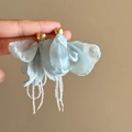 Close-up of blue fabric flower earrings with gold heart studs and bead tassels. - Heart Petal Tassel Style (15#) / Blue