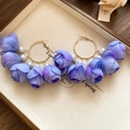 Oversized blue and purple fabric rose flower hoop earrings decorated with elegant white pearls - Style 51 (51# Silver Post - Blue)