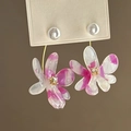 Elegant pink and white resin flower drop earrings featuring pearls and crystal accents - Pink (28# Silver Post-Pink)