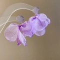 Macro detail of elegant purple fabric flower petal stud earrings on a transparent stand - 68# Purple Gauze Petal Tassel Style
