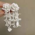 Exaggerated white fabric flower stud earrings with long beaded tassels and petals - White Shell (46# Silver Post-White-Shell)