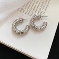Premium minimalist silver-tone C-shaped earrings with unique hammered textured finish - 925 Silver Earring Post / Silver Hammered Bumpy Style (16#)