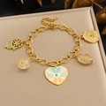 Gold stainless steel link bracelet with evil eye heart pendants and Hamsa hand charm - B2080