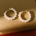 Detail view showing 14k gold plated pearl hoop earrings with hollow round design - Ear Buckle (39#)