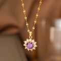 Golden sunflower necklace featuring a purple zircon gemstone and white sparkling crystals - Purple Zirconia Sunflower (8060) / Gold