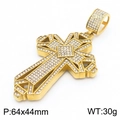 Double-layered golden cross pendant with full iced-out rhinestones, 64x44mm size - Cross Pendant (KP130467-MZOZ)