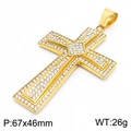 Large golden double-layered cross pendant with full rhinestones, 67x46mm size - Cross Pendant (KP130468-MZOZ)