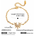 Detailed view of gold stainless steel crescent moon bracelet with zircon stones and measurements. - Star and Moon Style (JDB0212211) / 316 Stainless Steel Style