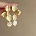 Elegant gold brushed flower earrings with baroque pearl drop stylish jewelry for women - 2# Silver Pin - Gold Flower Eco-Friendly (Freshwater Pearl)