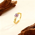 Elegant 18k gold plated vine ring with four-leaf purple gemstone flower centerpiece - Purple Zirconia Flower