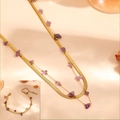 Double-layered stainless steel anklet with natural purple stones and gold finish - Necklace-Bracelet Set (Amethyst) / Gold