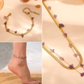 Double-layered golden stainless steel anklet featuring purple amethyst stones for women - Necklace-Bracelet-Anklet Set (Amethyst) / Gold