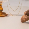 Double-layered gold titanium steel necklace featuring a hexagonal zirconia pendant - Single Zirconia Double Layer Style (H1341) / Gold