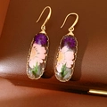 Elegant handmade resin oval earrings featuring real dried flowers in pink and purple. - Ear Hooks-Oval / Pink-Purple