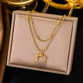 Double-layered titanium steel necklace with a unique geometric pendant in a gift box - Double Layer Style (H6178) / Gold