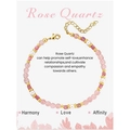 Detail of Rose Quartz beaded bracelet with white pearls and gold charms on a display card - Rose Quartz Bracelet