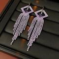 Elegant long purple zircon tassel earrings featuring a geometric hollow rhombus design - Geometric Rhombus Tassel Style (Silver Needle-Gun Black-Purple)