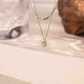 Gold double layer snake chain necklace with square zircon pendant in luxury style - Gold with White Zirconia (QYH226)