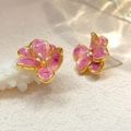 Macro detail of French vintage pink enamel flower earrings with gold-plated edges - 10# Silver Needle-Gold-Pink