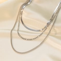 Three-layer silver stainless steel necklace featuring flat snake and Figaro chain styles - Triple Layer Chain Style (H1103) / Steel