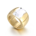 Luxury wide gold band titanium steel statement ring with large clear emerald-cut stone - US 6 / Gold White