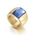 Elegant gold wide stainless steel ring with a large radiant blue gemstone - Size 6 / Gold Blue