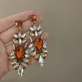 Macro view of vintage court style teardrop dangle earrings with amber and iridescent crystals - 1# Silver Pin - Multi-color