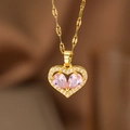 Collier cœur plaqué or 18K avec cristaux roses taille poire et micro-pavage blanc - Coeur Goutte d'eau en Zircone Rose (9092)