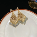 Élégantes boucles d'oreilles style palais avec strass et perles de cristal bleu - Style Rhombe à Franges (68#) (Tige en Argent) / Or avec Bleu