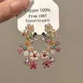 Boucles d'oreilles pendantes vintage à fleurs multicolores et strass brillants en cuivre - Style Floral Palais Vintage (88#) / Tige d'oreille en argent - Doré - Coloré