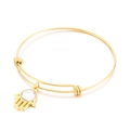 Adjustable gold stainless steel bangle featuring a Hamsa hand charm with clear crystal. - Gold White
