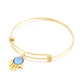 Elegant adjustable gold stainless steel Hamsa Hand bangle featuring a blue crystal charm - Gold Hamsa Hand Blue Stone Style (KB63326-Z) / Gold Blue