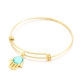 Elegant adjustable golden stainless steel bangle featuring a light blue Hamsa hand charm - Gold Hamsa Hand Aqua Blue Stone Style (KB63328-Z) / Gold Aqua Blue