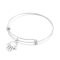 Adjustable silver stainless steel wire bangle bracelet with a crystal Hamsa hand pendant - Steel White