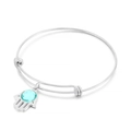 Stainless steel adjustable bangle featuring a Hamsa Hand pendant with blue crystal - Steel Aqua Blue