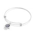 Silver-tone adjustable stainless steel bangle featuring grey stone Hamsa hand charm - Steel Grey Blue