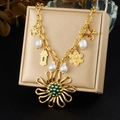 Collier en acier inoxydable plaqué or avec marguerite, perles et pendentifs fleurs - Collier de Perles Tournesol Multi-Pendentifs de Style Ethnique (N4131)