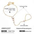 Gold stainless steel hand chain bracelet with white zircon and detailed dimensions - Geometric Zirconia Trio Style (JDB0312227)