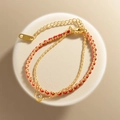 Doppellagiges Armband im China-Stil mit roter Kordel, Goldkette und Zirkonia-Anhänger - Doppellagiges Rundperlen-Rotseil-Fußkettchen (QYB39)