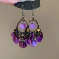 Antike Bronzene Tropfenohrringe mit violetten Paillettenquasten und bunten Perlen - Hohle böhmische Quaste (46#)