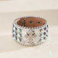 Close-up detail of silver leather cuff bracelet with crystal cross and AB rhinestones - Cross Rhinestone Wide Bracelet / 22.5x4cm / Silver Multicolor