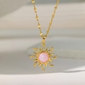 Titanium steel sun necklace with pink opal and zircon pavé on marble surface - Gold (Pink Main Stone)