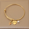Gold plated adjustable stainless steel bangle featuring heart MOM charm and white pearl - Red Heart Decoration Style (KB203618-Z) / 1 Piece / Gold