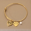 Adjustable gold stainless steel MOM heart charm bangle bracelet with pearl accessory - Inlaid Painted Mother and Child Style (KB203620-Z) / 1 Piece / Gold