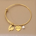 Adjustable gold stainless steel MOM heart bangle with pearl charm for Mother's Day - Pave Rhinestone Hollow Heart Style (KB203621-Z) / 1 Piece / Gold